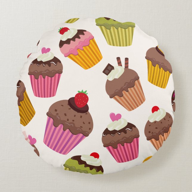 Cupcake Pattern, Muffin Pattern, Chocolate, Hearts Round Pillow (Front)