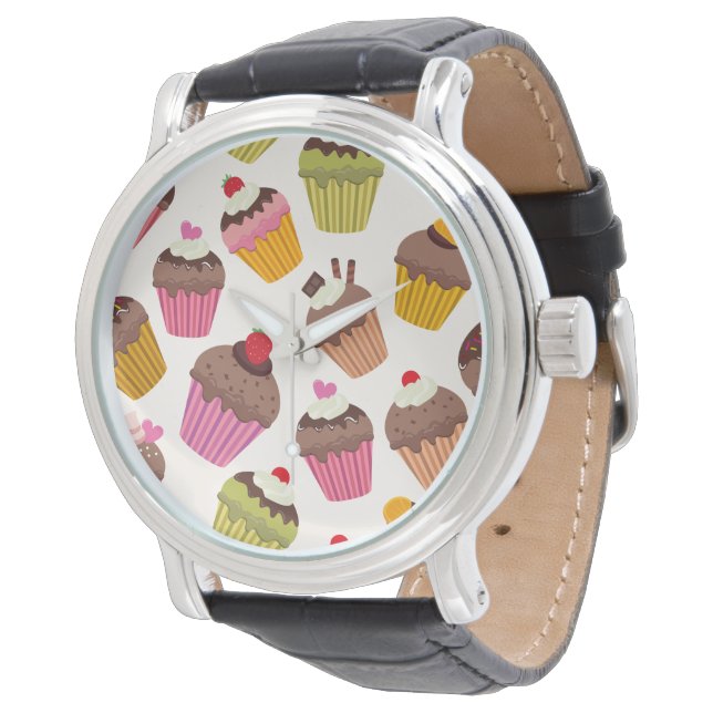 Cupcake Pattern, Muffin Pattern, Chocolate, Hearts Watch (Angled)