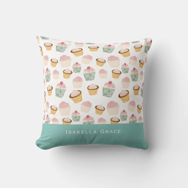 Cupcake Pattern Personalized Name Throw Pillow (Front)