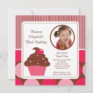 Cupcake Photo Birthday Invitation Cherry Pink Dots