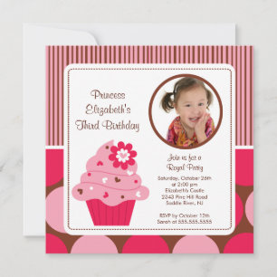 Cupcake Photo Birthday Invitation Pink Flower
