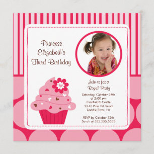 Cupcake Photo Birthday Invitation Pink Flower Dots