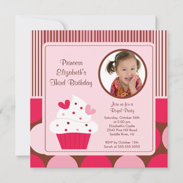 Cupcake Photo Birthday Invitation Pink Polka Dots (Front)