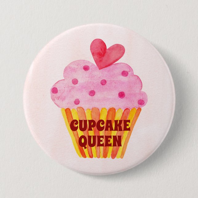 Cupcake queen watercolor baking contest 3 inch round button (Front)