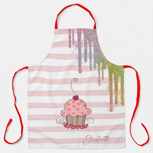 Cupcake,Rainbow Glitter Drips, Stripes  Apron (Front)