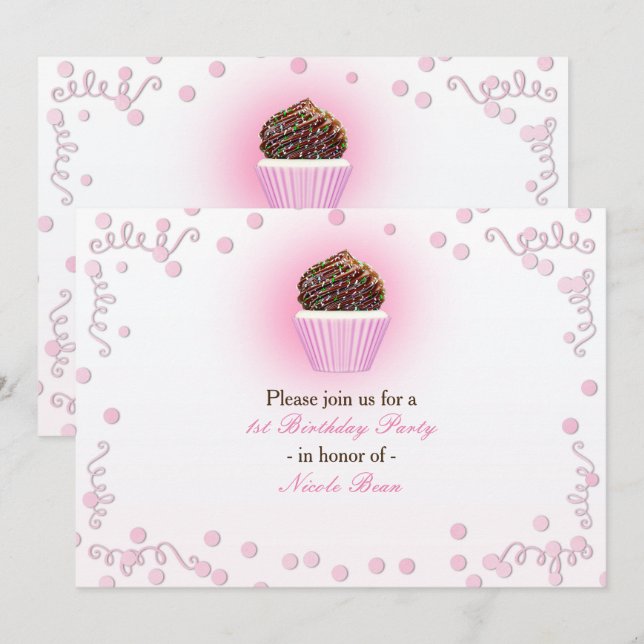 Cupcake rose Confetti Invitations de fête d'annive (Devant / Derrière)