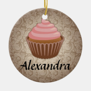 Cupcake rose et Brown Personnalisé Ornement rond