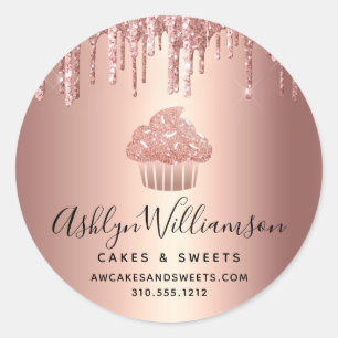 Cupcake Rose Gold Drips Script Pastry Chef Bakery Classic Round Sticker