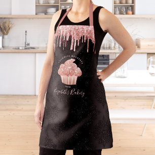Cupcake Rose Gold Glitter Drips Black Bakery Chef Apron