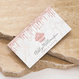 Cupcake Rose Gold Glitter Drips Marble Bakery Chef Business Card