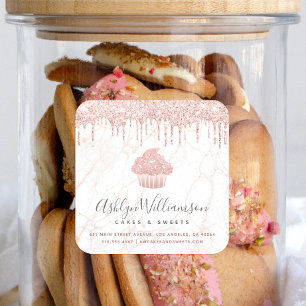 Cupcake Rose Gold Glitter Drips Marble Chef Bakery Square Sticker