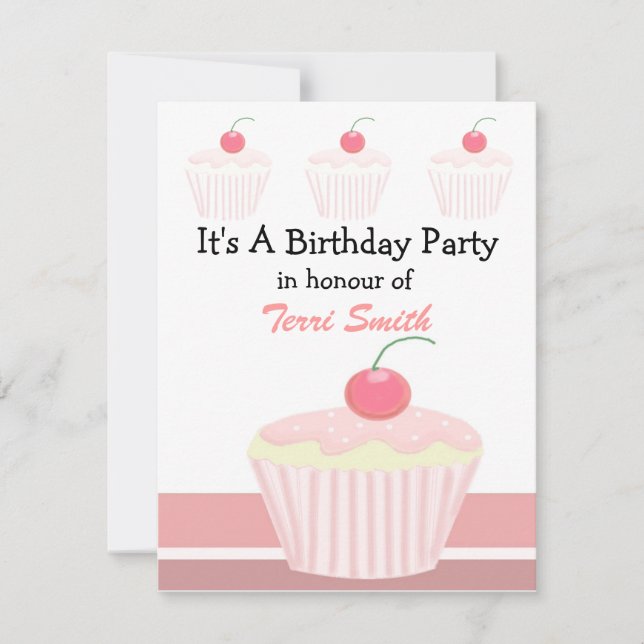 Cupcake rose Invitation d'anniversaire (Devant)