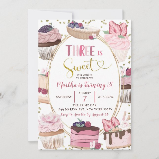 Cupcake rose sucré 3e anniversaire Invitation (Devant)