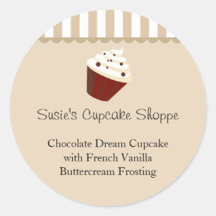 Cupcake Round Product Label, Soft Mocha Stripes Classic Round Sticker