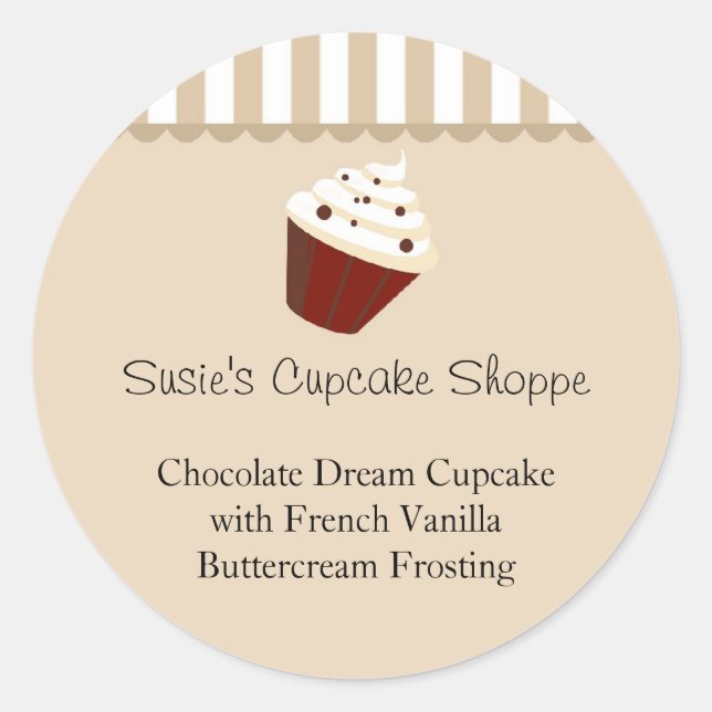 Cupcake Round Product Label, Soft Mocha Stripes Classic Round Sticker (Front)