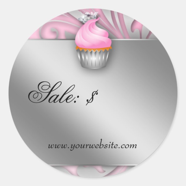 Cupcake Sticker Price Tag Crown Classy Pink Silver (Front)