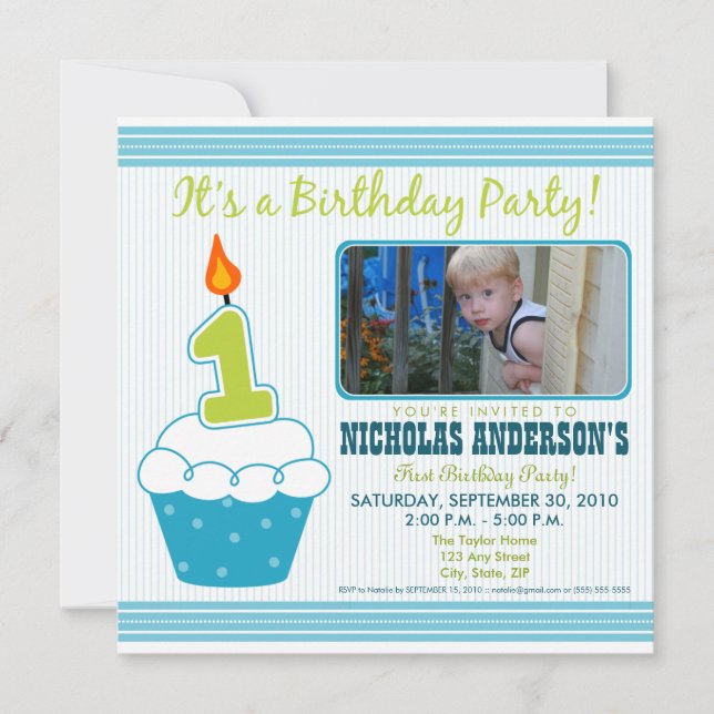 Cupcake sucré 1er anniversaire Invitation Aqua (Devant)