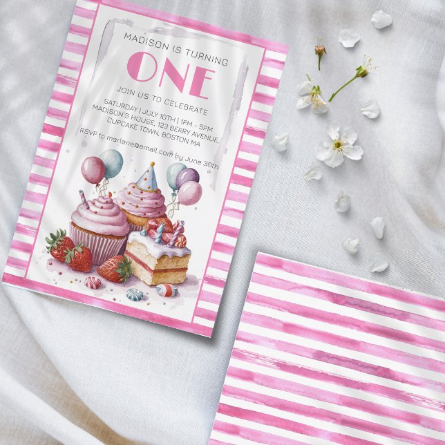 Cupcake sweet Birthday party girl Watercolor ONE Invitation (Creator Uploaded)