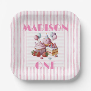 Cupcake sweet Birthday party girl Watercolor ONE Paper Plate