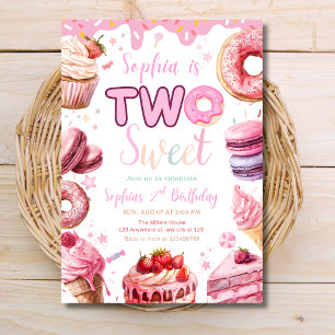 Cupcake Two Sweet Birthday Doughnuts Girls Pastel  Invitation