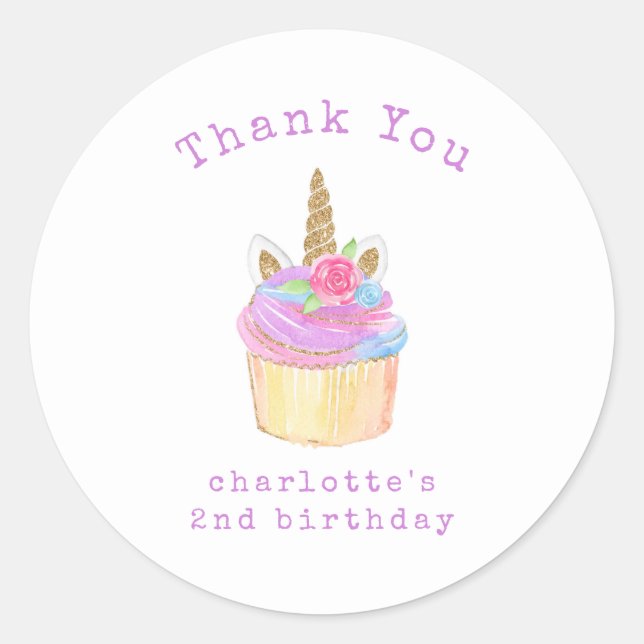 Cupcake Unicorn Girl Birthday Thank You Classic Round Sticker (Front)