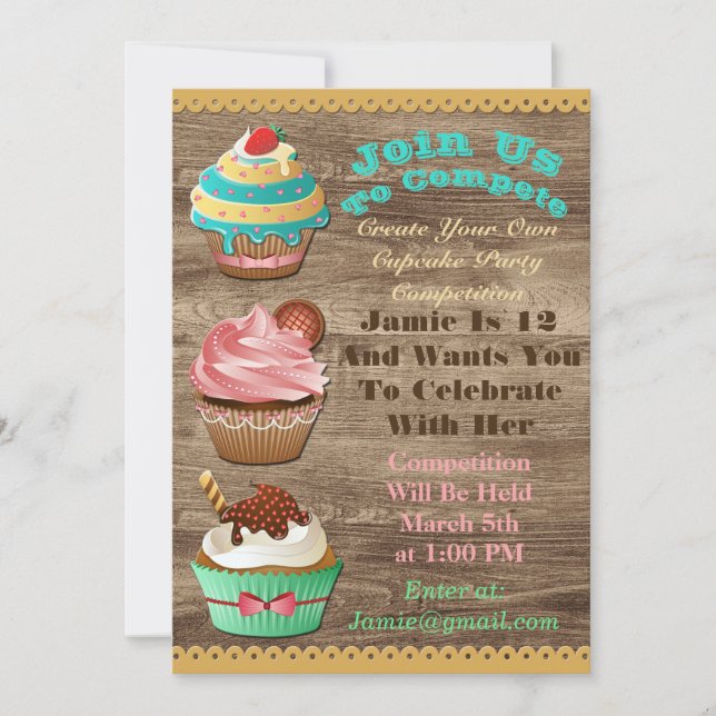 Cupcake Wars Bake Off Birthday Brown Wooden Invite (Front)