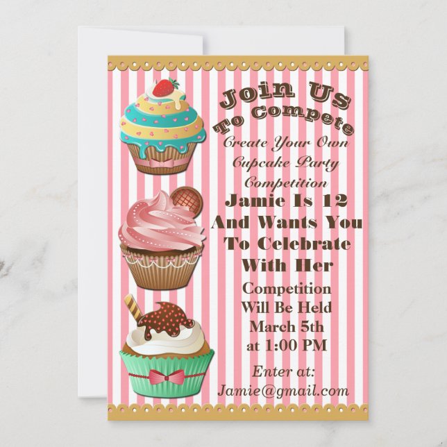 Cupcake Wars Bake Off Birthday Pink Striped Invite (Front)