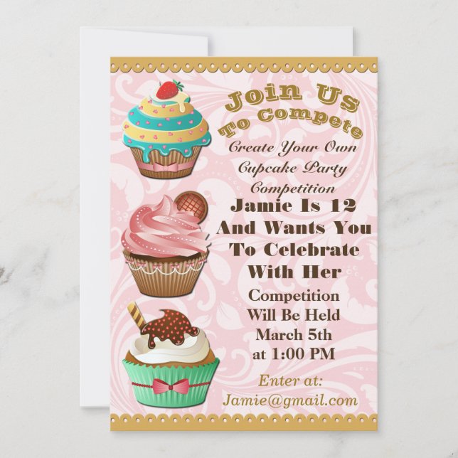 Cupcake Wars Bake Off Birthday Pink Swirl Invite (Front)