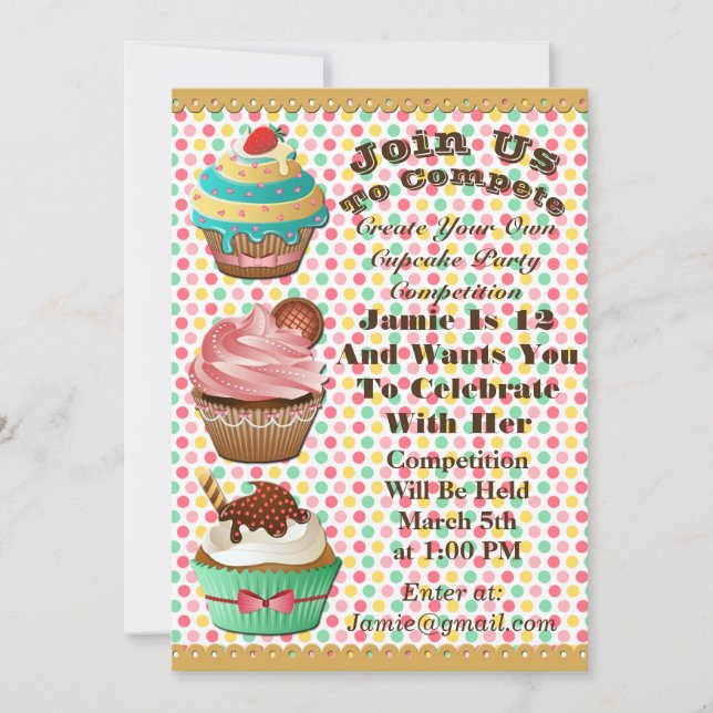 Cupcake Wars Bake Off Birthday Polka Dot Invite (Front)
