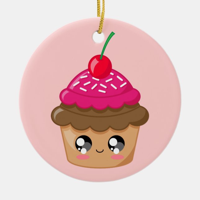 Cupcake with Cherry and Sprinkles Ceramic Ornament (Front)