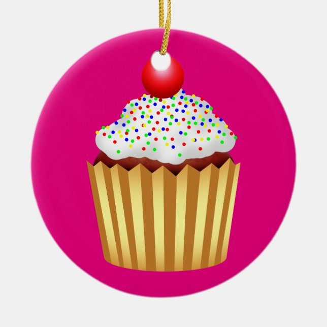 Cupcake with Sprinkles and Cherry on Top Ceramic Ornament (Front)