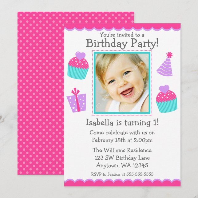 Cupcakes 1st Birthday Girl Photo Invitation (Front/Back)