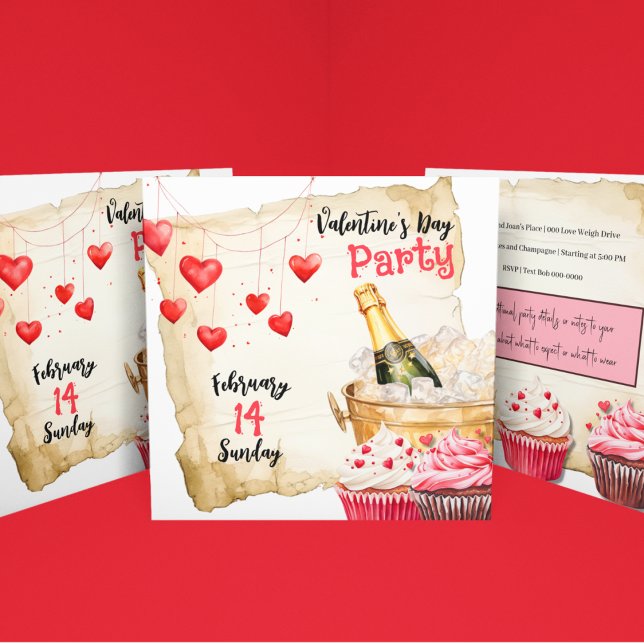 Cupcakes and Champagne Valentine's Day Party Invitation (Cupcakes and Champagne Valentines Day party invite with red hearts and cute cakes. )