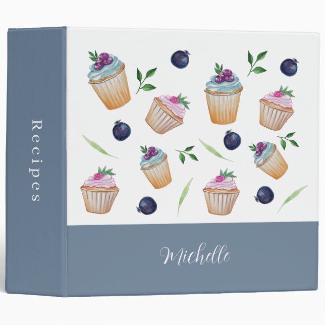 Cupcakes And Fruits Watercolor Monogrammed Binder (Front/Spine)