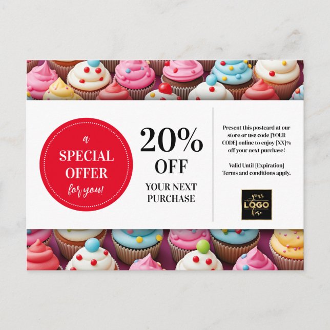 Cupcakes Bakery Baker Custom Coupon Discount Postcard (Front)