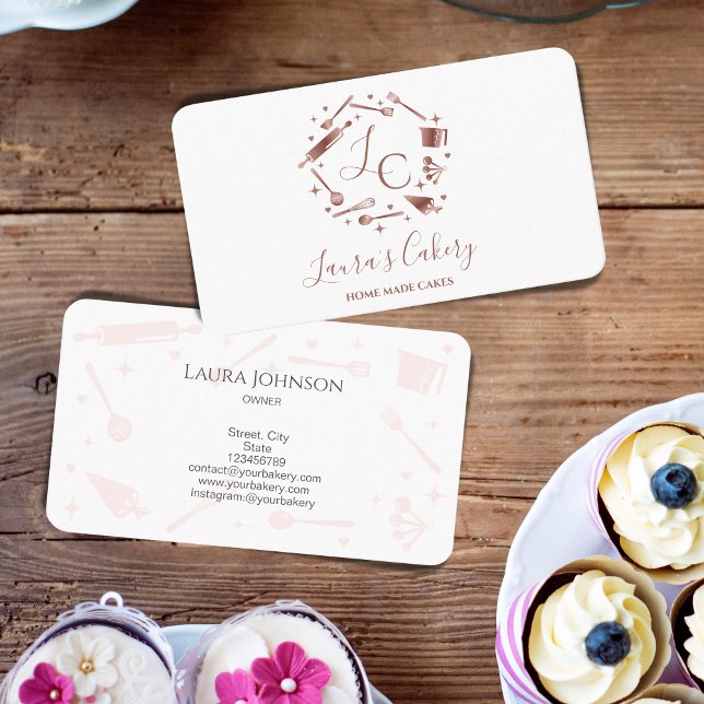 Cupcakes Baking Rose Gold Utensils Whisk Monogram Business Card (Creator Uploaded)