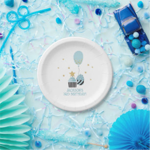 Cupcakes & Balloon Faux Glitter Boy's Birthday Paper Plate