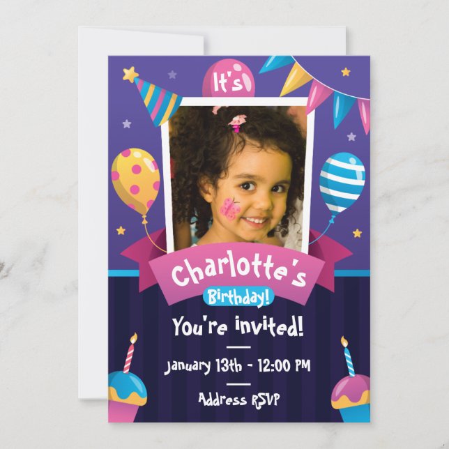 Cupcakes Balloons Purple Birthday Invitation (Front)