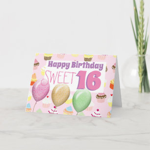 Cupcakes  Balloons Sweet 16 Birthday Card Sixteen