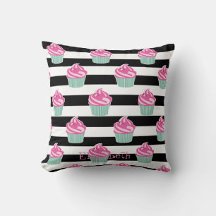 Cupcakes , Black, White Stripes Personalized Throw Pillow