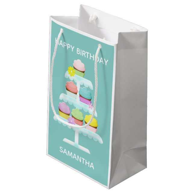 Cupcakes Cake Stand Teal Happy Birthday Small Gift Bag (Back Angled)