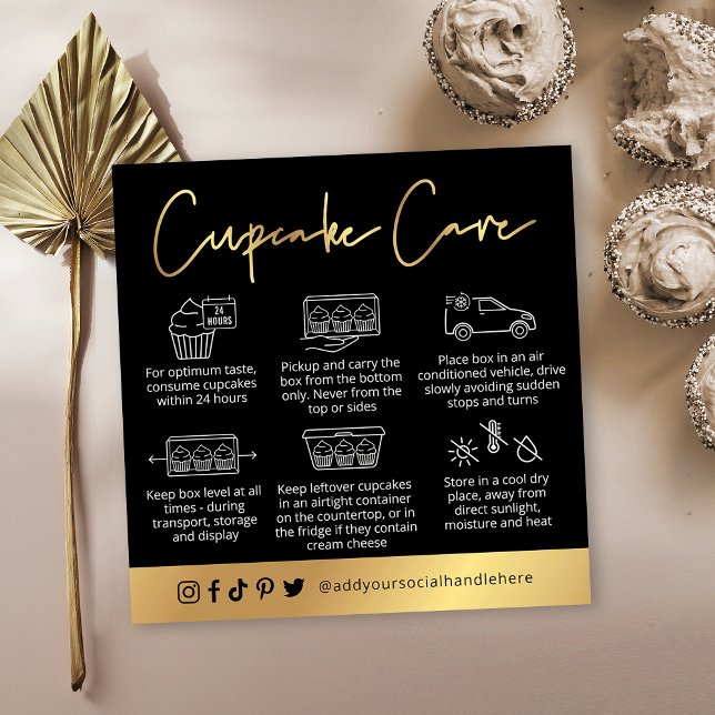 Cupcakes Care Instructions Black & Gold Logo Square Business Card (Creator Uploaded)