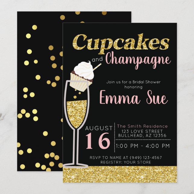 Cupcakes & Champagne Black & Gold Bridal shower  Invitation (Front/Back)