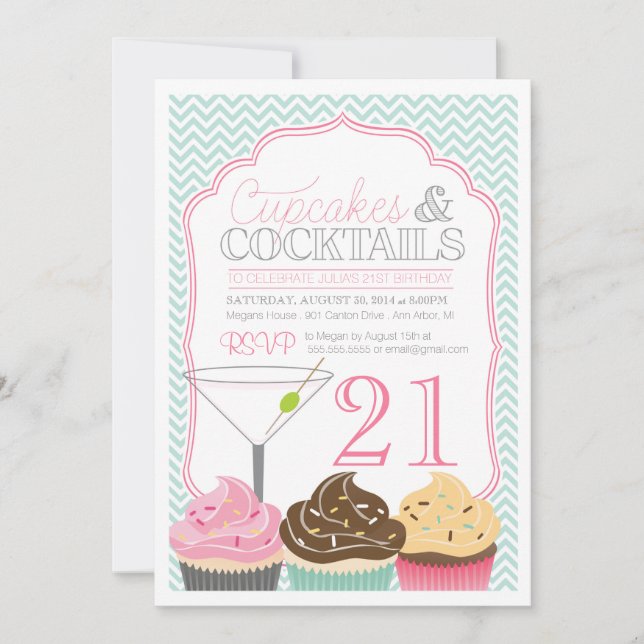 Cupcakes & Cocktails Adult Birthday Invitation (Front)