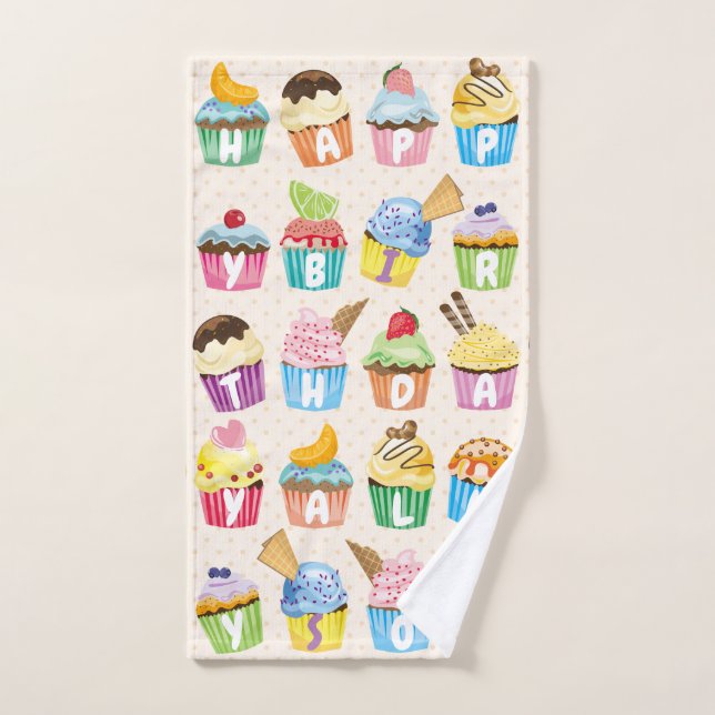 Cupcakes Happy Birthday Add Your Name Cute Goodies Hand Towel (Hand Towel)