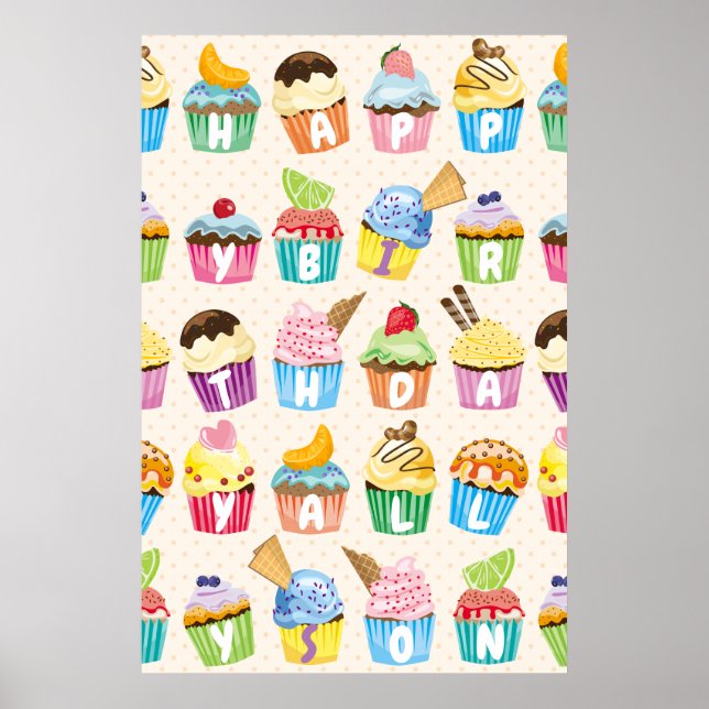 Cupcakes Happy Birthday Add Your Name Cute Goodies Poster (Front)