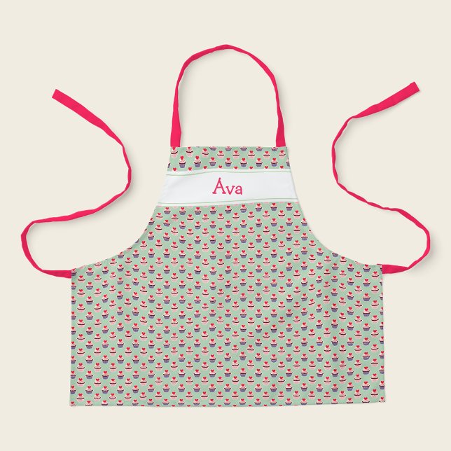 Cupcakes with Hearts Print Personalized Children's Apron (Personalized cupcake kids apron with custom name.)