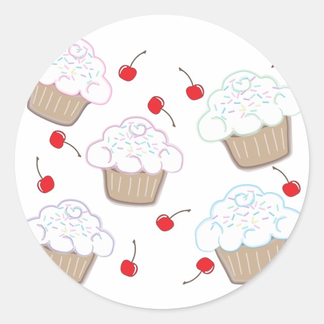 Cupcakes with Pastel Sprinkles & Cherries Classic Round Sticker (Front)