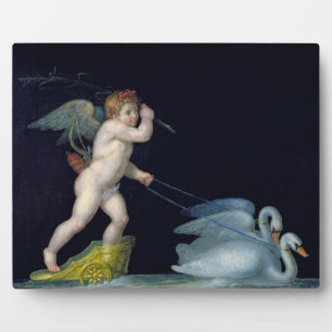 Cupid being led by a pair of swans (oil on panel) plaque