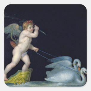 Cupid being led by a pair of swans (oil on panel) square sticker
